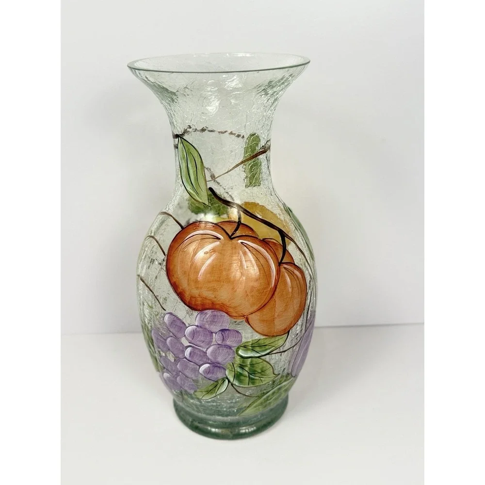 Hand Painted Crackle Glass Fruit Vase Grapes Pears Orange Flared Rim 9.5
